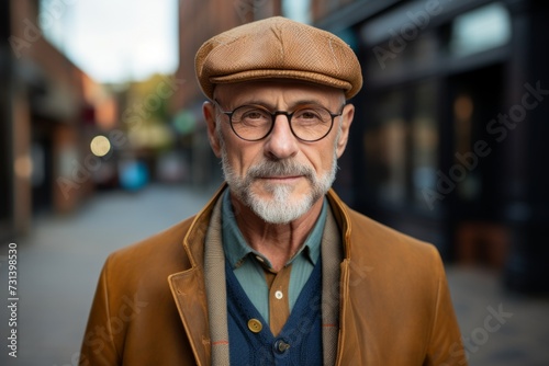 Portrait of a senior man wearing a beret and glasses on a city street. © Inigo