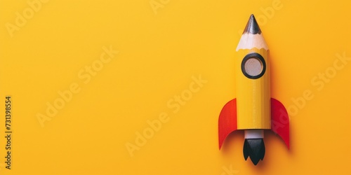 Rocket shaped pencil on yellow background with copy space, startup concept