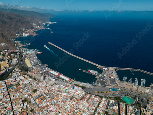 blue water of port, pier and harbor of Tenerife capital Santa Cruz, Canary