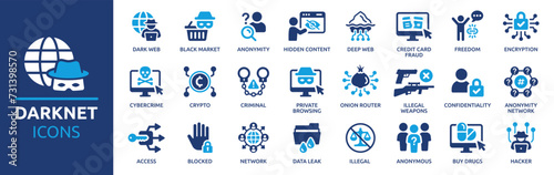 Dark web icon set. Containing darknet, deep web, encryption, anonymity, cybercrime, onion router, hacker and more. Solid vector icons collection. photo