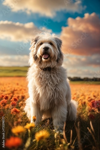 A majestic old english sheep dog on the meadow.