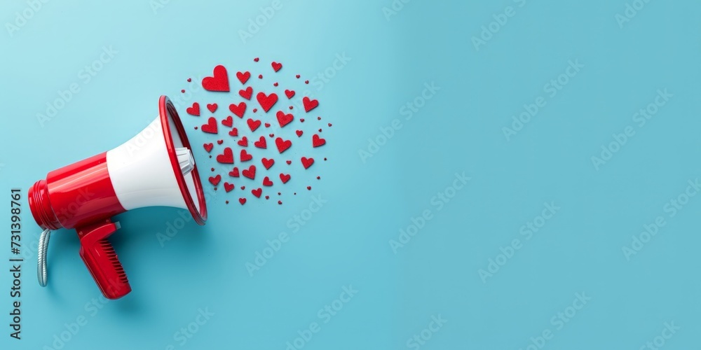 Megaphone and hearts icons on blue background, marketing concept Megaphone and hearts icons on blue background, marketing concept