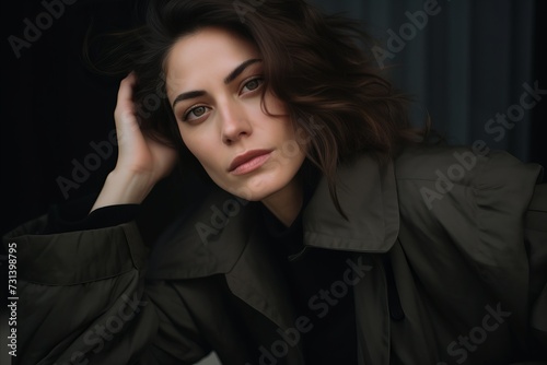 Portrait of a beautiful brunette girl in a black coat.