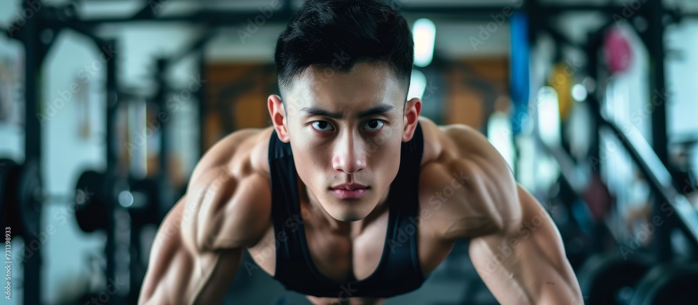Fototapeta premium A muscular man with a thick chest is performing push-ups, straining his arms and flexing his muscles in a gym.