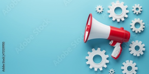 Megaphone and white gears on blue background, marketing and advertising concept