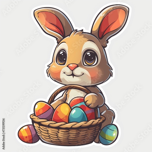 a very beautiful 2d sticker of an easter bunny and Easter egg with easter flowers and Basket with a strong black outline isolated on a plain background. easter bunny with eggs