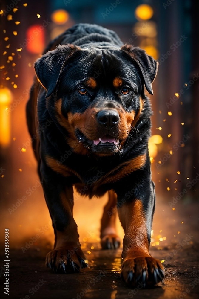 Obraz premium A majestic rottweiler stands tall against a vibrant, background