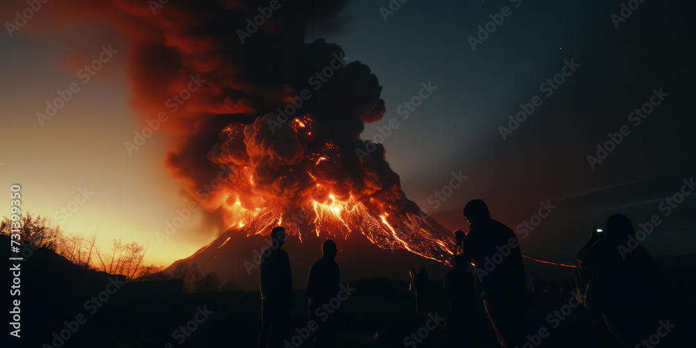 Blazing Inferno: A Red Hot Night of Nature's Wrath, the Fiery Dance of Flames and Smoke on a Dangerous Mountain, a Destructive Disaster in the Dark Sky of the Volcanic Landscape.