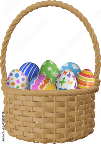 3d wicker basket with colorful eggs. realistic easter eggs in a basket