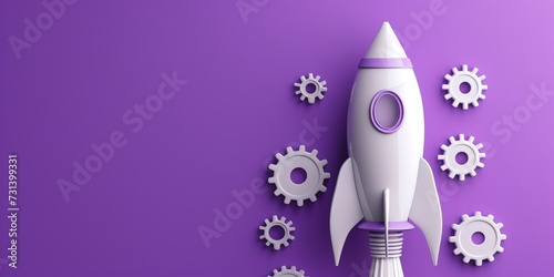 Rocket and gears on purple background, startup and teamwork concept
