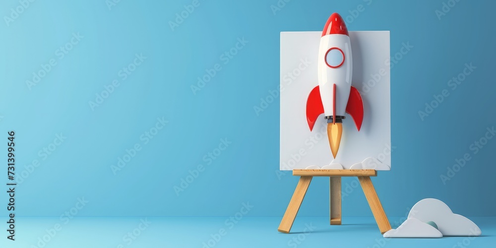 Rocket coming out of the blank board on a tripod on a blue background, startup concept Rocket coming out of the blank board on a tripod on a blue background, startup concept
