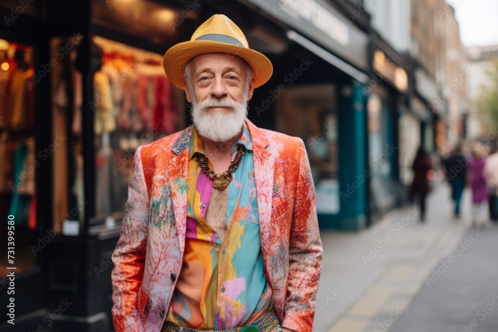 Elderly man in a hat and a colorful jacket on the street