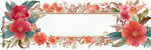 Elegant floral frame features vibrant red pink flowers contrasted by green leaves white background in center for text content soft romantic feel due to gentle colors delicate details.