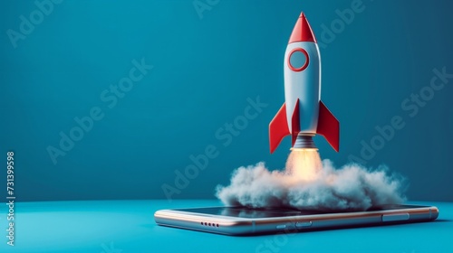 Rocket taking off from cell phone screen on blue background, startup concept