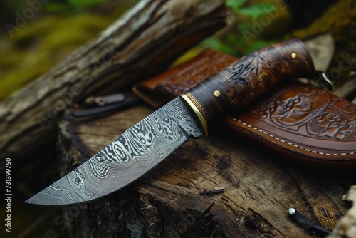 Handmade Damascus steel knife. AI generative. photo
