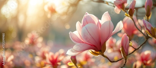 A beautiful pink flower with delicate petals on a tree branch  capturing the essence of nature s art amidst a peach-colored sky.