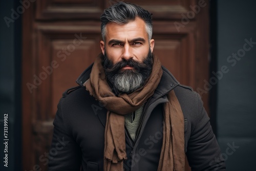 Portrait of a handsome bearded man with a gray beard and mustache in a brown scarf.