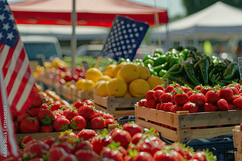 Fresh Produce on Display at a Local Farmer's Market with American Flags