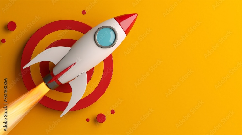 Rocket and red round target on yellow background with copy space, startup concept