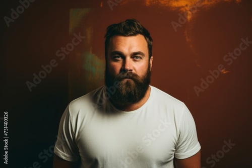 Portrait of a bearded man in a white t-shirt.