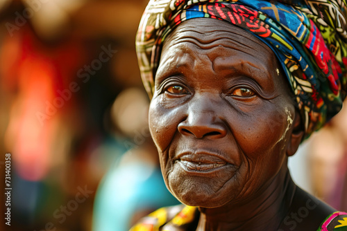 Close-up portrait of an old African woman with wrinkles in traditional clothes
