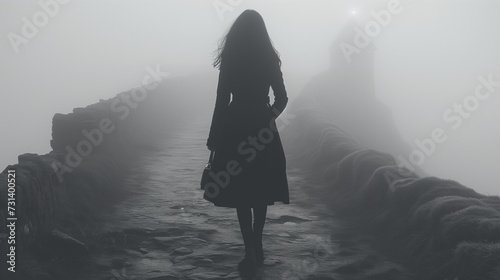Silhouette of a woman walking into a foggy area © Rajko