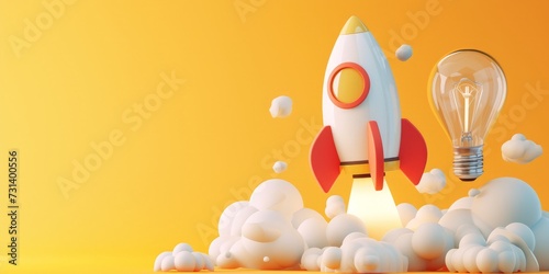 Rocket taking off and light bulb on yellow background, startup ideas concept