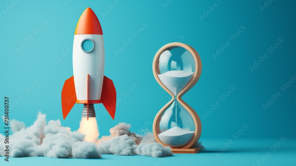 Rocket taking off and hourglass on blue background, startup concept