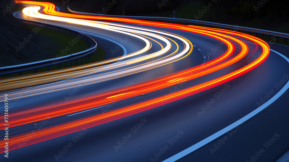 Long exposure shows light trails from cars driving on a curvy road Long exposure shows light trails from cars driving on a curvy road
