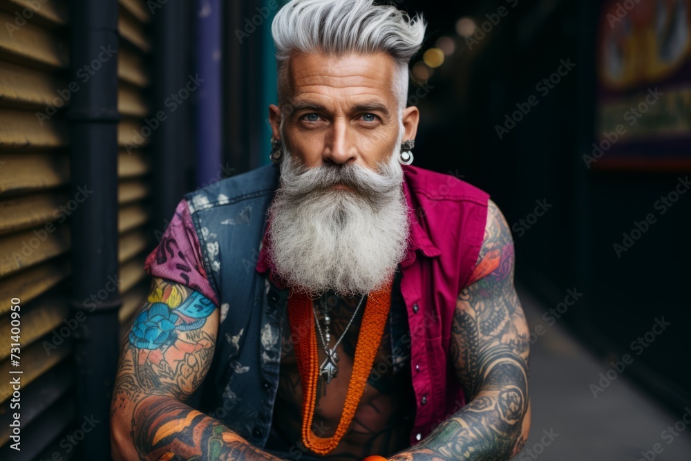 Portrait of a brutal bearded hipster with tattoos on his arms.