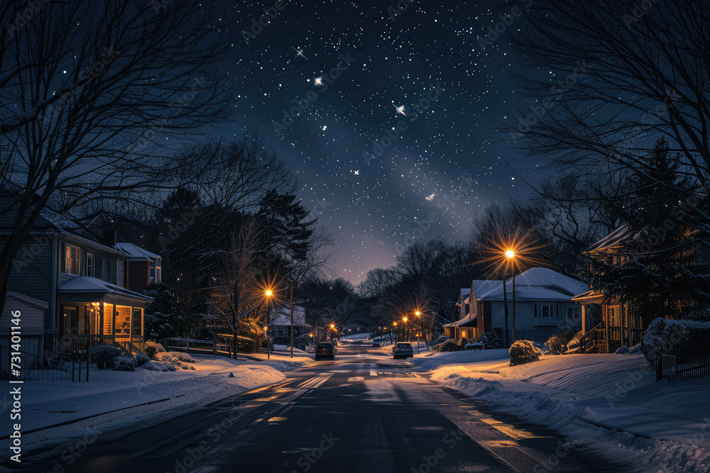 Starry Night Over Snow-Covered Suburban Street with Winter's Tranquil Charm