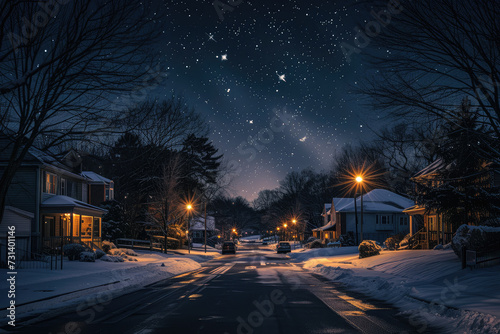 Starry Night Over Snow-Covered Suburban Street with Winter's Tranquil Charm