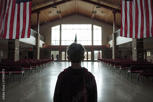 Solemn Person Standing in a Hall Adorned with American Flags, Contemplating the Empty Space