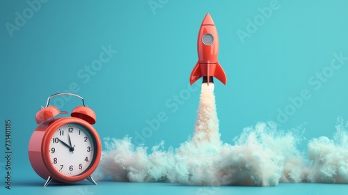 Rocket taking off and red alarm clock on blue background, startup concept