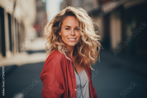 Portrait of a beautiful young woman with curly blond hair in urban background