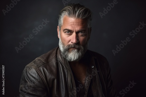 Portrait of a serious mature man with gray beard in leather jacket.