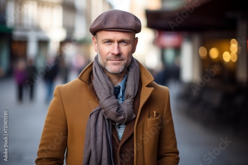 Handsome senior man wearing a beret and coat on a city street. © Inigo