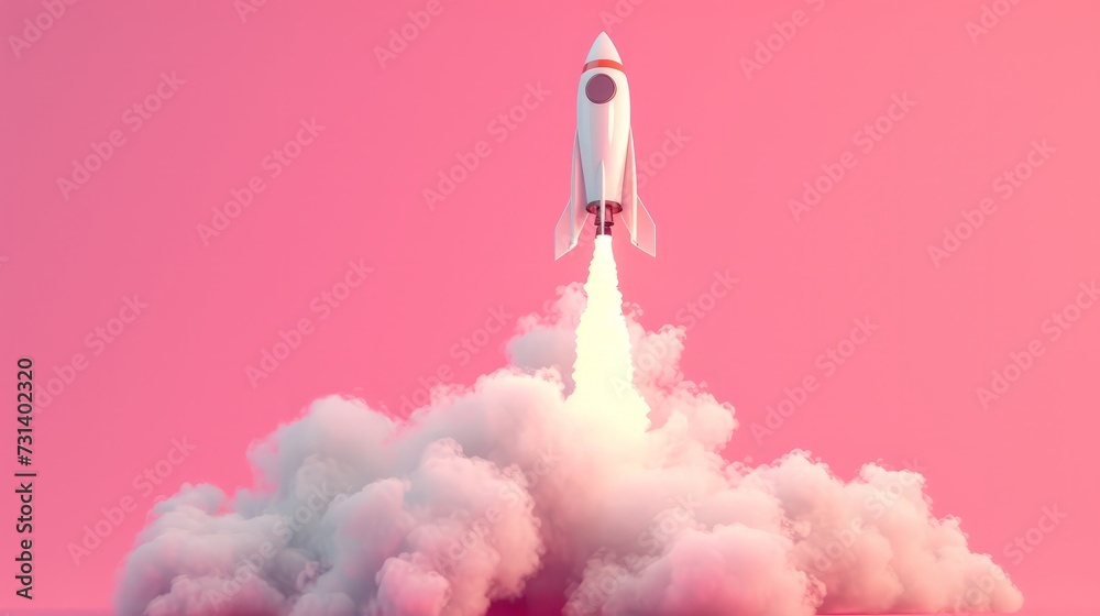 Fototapeta premium Rocket taking off releasing smoke on pink background, startup concept