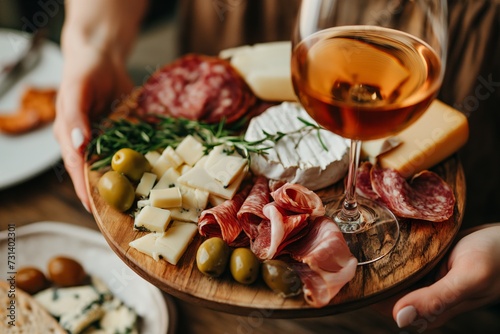 Woman holds a charcuterie board with wine, cheese, salami and olives in hands