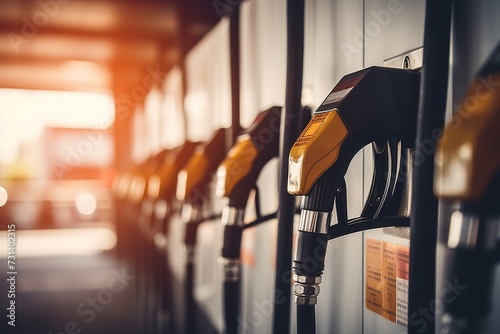 Close-up of hand refueling a car with gasoline at a modern gas station on a bright and sunny day photo