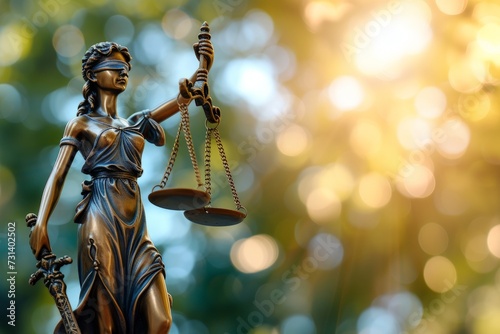 Statue of Lady Justice with scales, Statue of Themis in background with bokeh effect