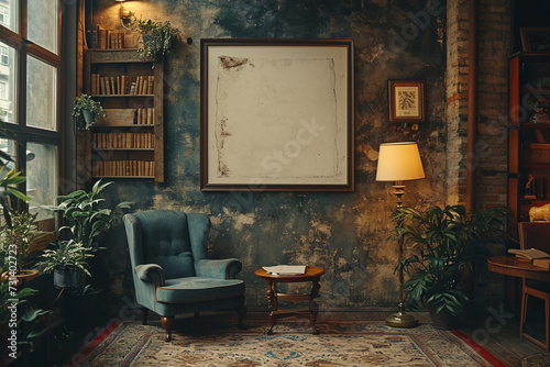 mockup, vertical small frame with white canva with aspect ratios of 3x4, realistic detail, inviting, a dimly lit room with dark academia decor, featuring vintage furniture, textured walls, soft lighti