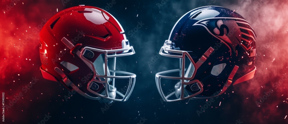 Φωτογραφία American football banner - illustration with two versus american football helmets