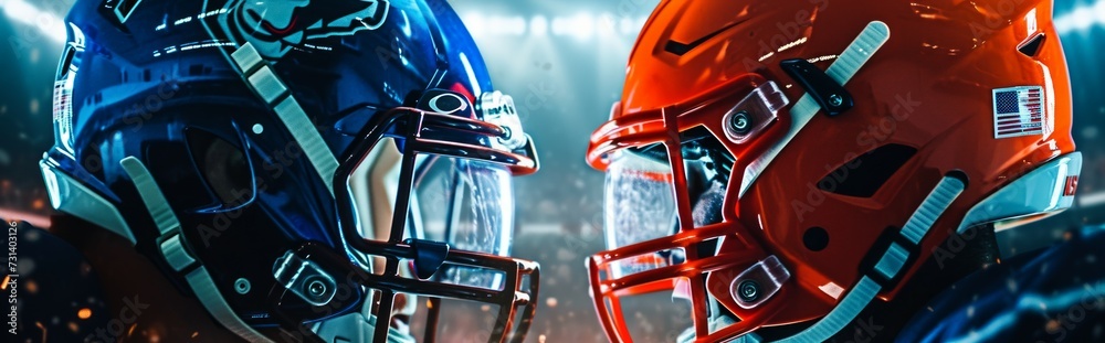 Fototapeta premium American football banner - illustration with two versus american football helmets. red vs blue