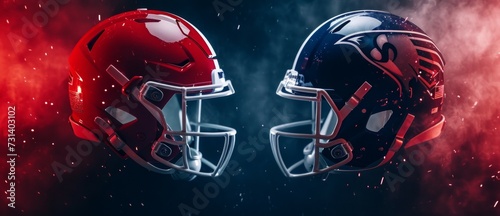 American football banner - illustration with two versus american football helmets. photo