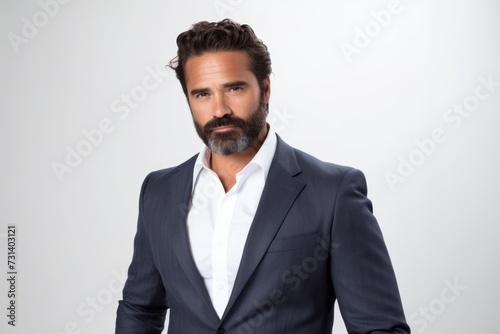 Handsome man in suit looking at camera while standing against grey background
