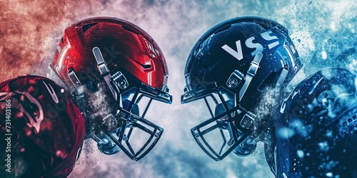 American football banner - illustration with two versus american football helmets. red vs blue © YuDwi Studio