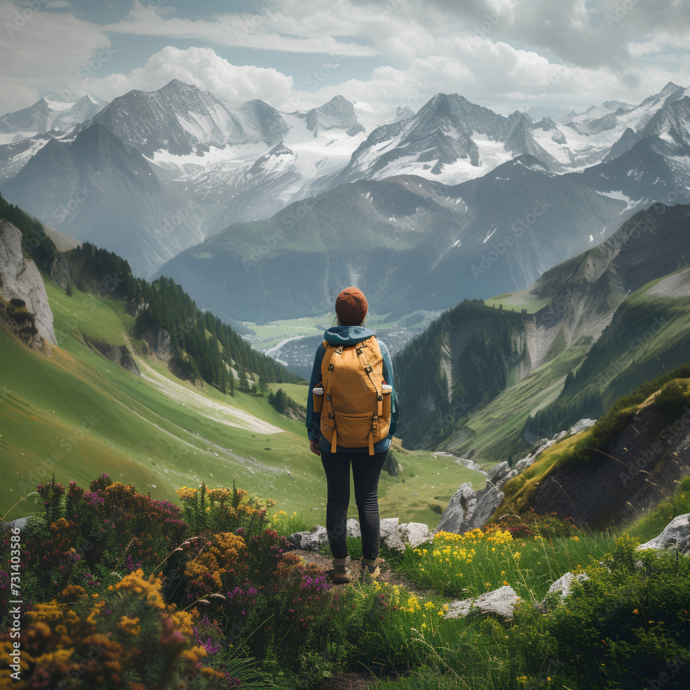 A back view of woman traveler backpacking in a scenic mountain landscape with a cloud - sky of the peaks.
