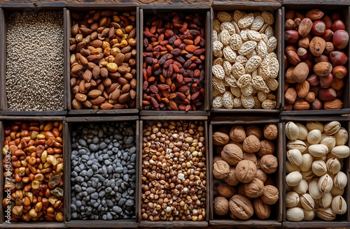 Nuts and seeds can be used in the market and arranged in wooden stands.