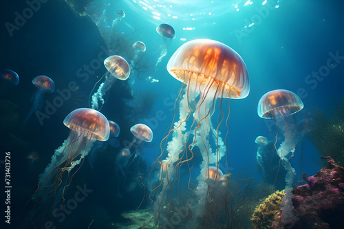 Jellyfish in the aquarium.Generative AI Illustration